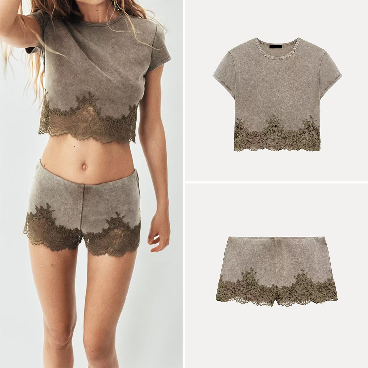 Womens Short Sleeve Lace Trim  - огляд і ціна Wash Effect Set